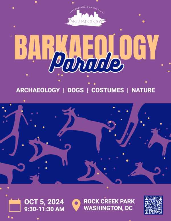 Barkaeology Parade advertisement, featuring a purple background with dog rock art template overlaid in dark blue.